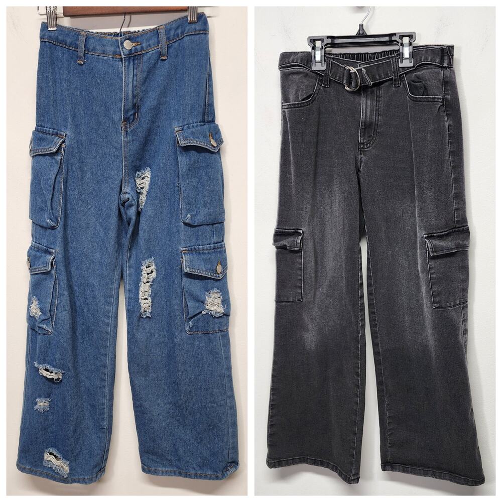 Bundle of Girls Cargo Wide Leg Jeans Size 12 Distressed Grunge Alt Justice Shein
